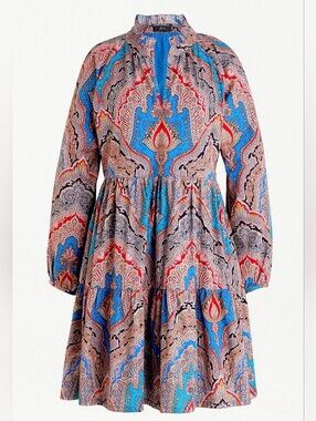 J Crew Printed Blue Paisley Tiered Long-Sleeve Mini Dress